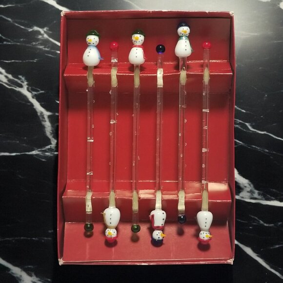 Glass Swizzle Sticks Set-6 Frosty Snowman Holiday's Barware Collection Boston - Picture 9 of 12